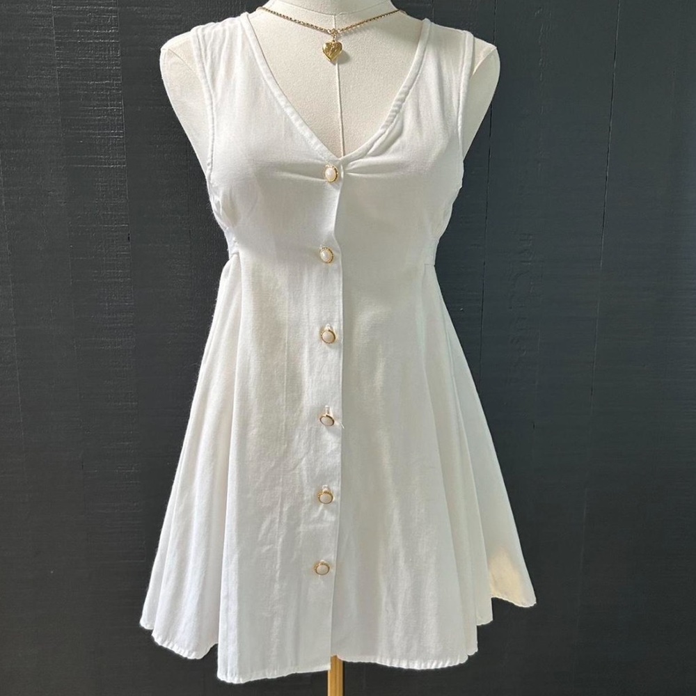 White Sleeveless Linen Button-Down Mini Dress